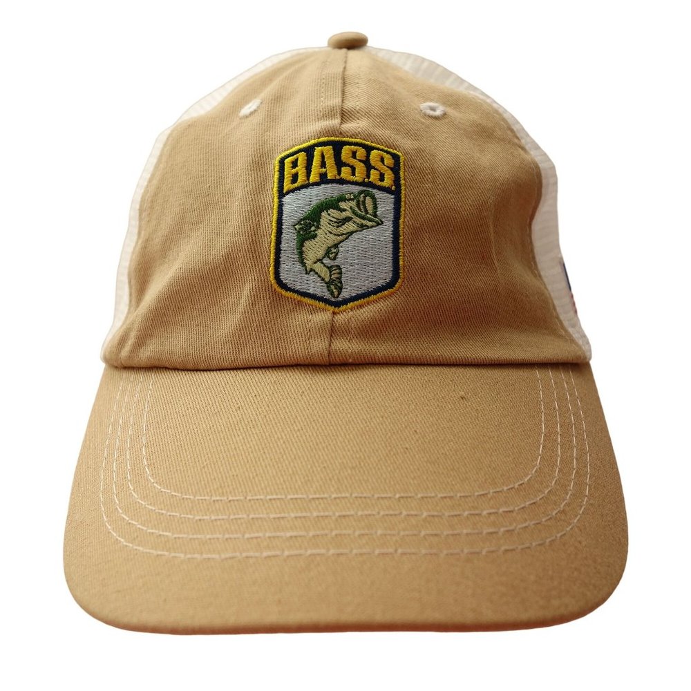 Embroidered Bass Fish Patch Tan and White Mesh Back Strapback Baseball Cap Hat